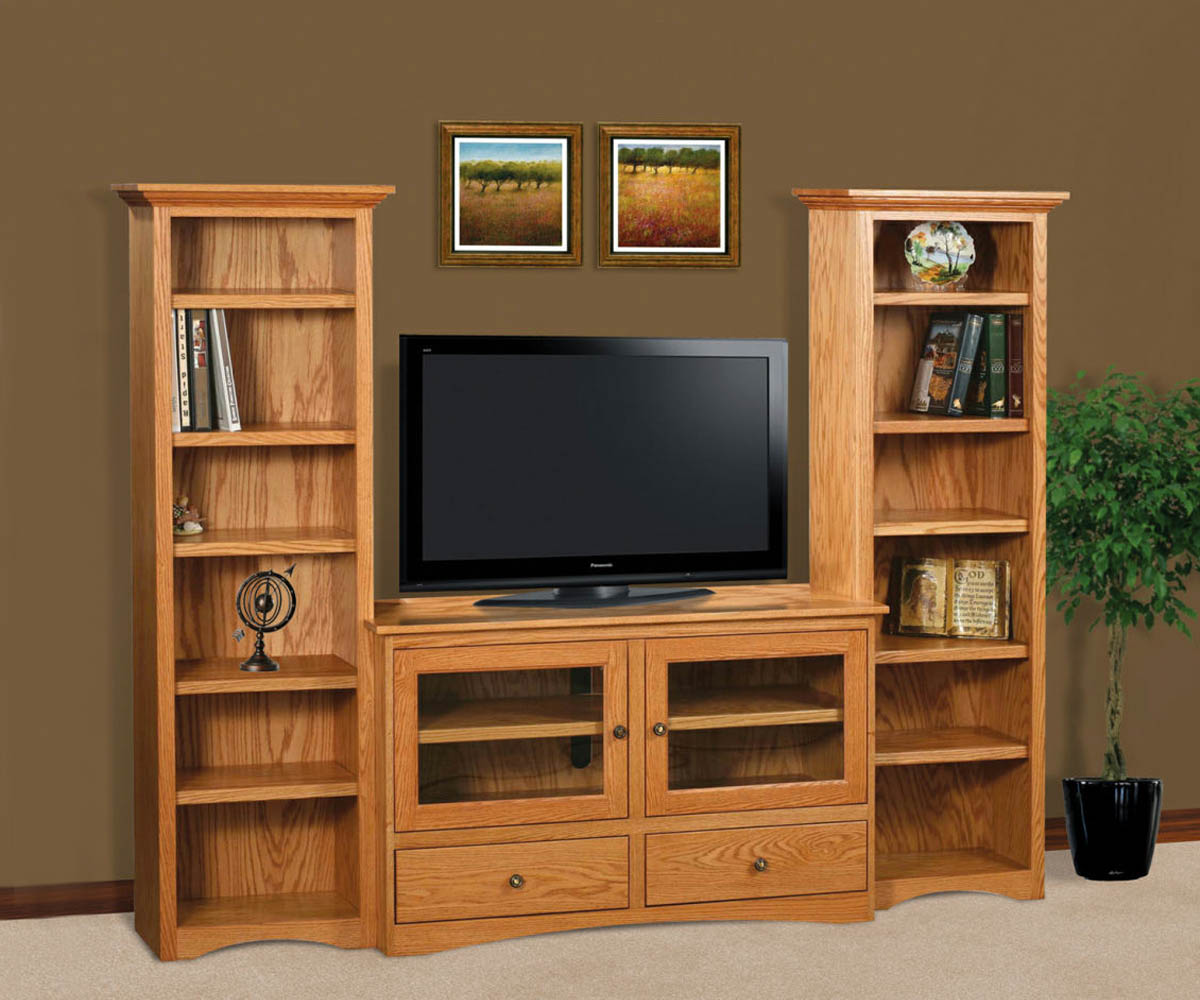 Flat Wall TV Stand with Twin Tower Bookcases